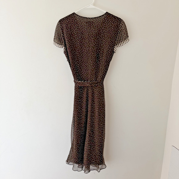 Adrianna Papell Silk Faux Wrap Dress Brown Polka Dot Pleated Sleeves Size 10 - Picture 2 of 10
